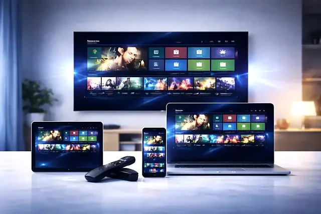 IPTVSOSO streaming on a smart TV, tablet, laptop and phone at once