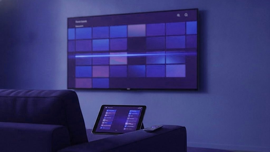 Cover for “Best IPTV apps for a long channel list: favorites, guides and catch-up”: a wall television showing a grid of channel tiles, with a tablet resting on the arm of a sofa