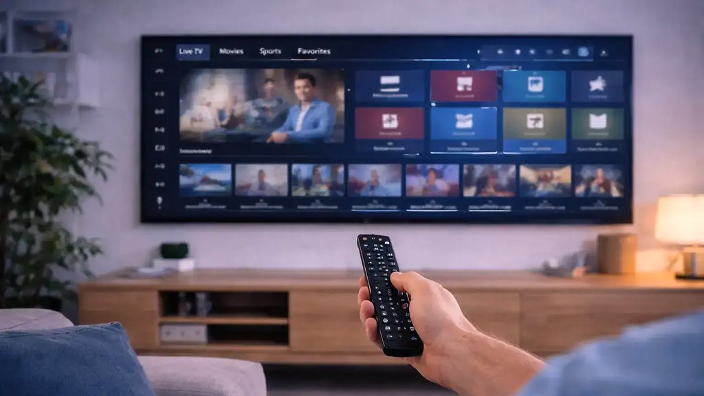 Cover for “Cable TV vs IPTV: channels, re-runs, outages and the monthly statement”: a hand holding a remote in front of a wall television showing a program guide above a wooden console