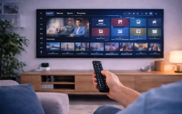 Cover for “Cable TV vs IPTV: channels, re-runs, outages and the monthly statement”: a hand holding a remote in front of a wall television showing a program guide above a wooden console
