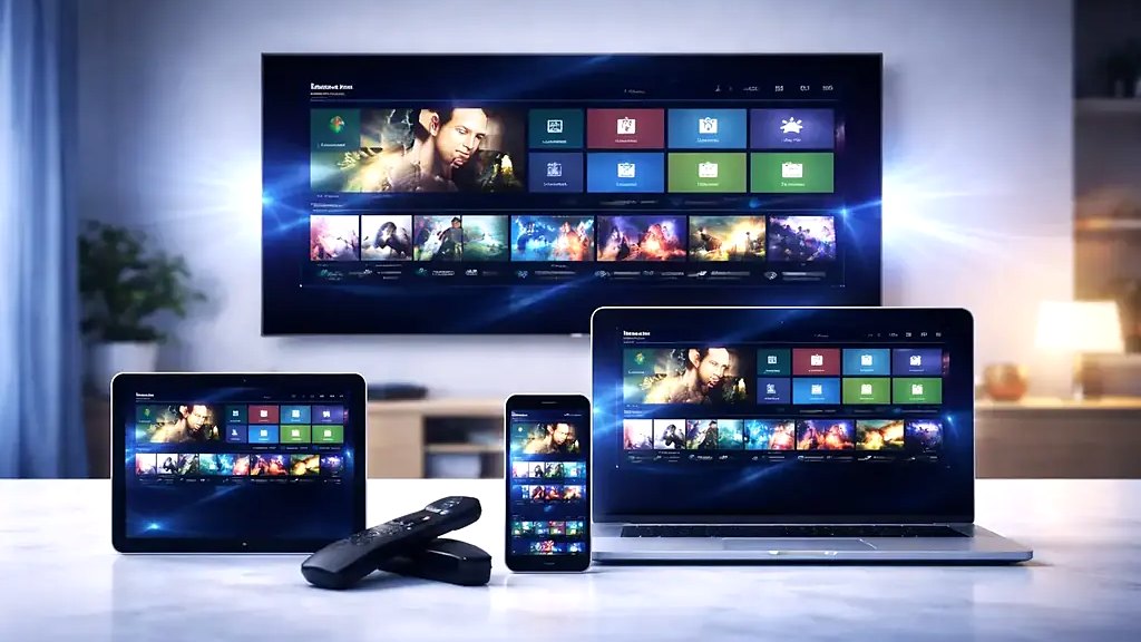 Cover for “OTT streaming or IPTV: schedules, libraries and how the two differ”: a television, a laptop, a tablet and a phone showing the same channel guide, with two streaming sticks in front
