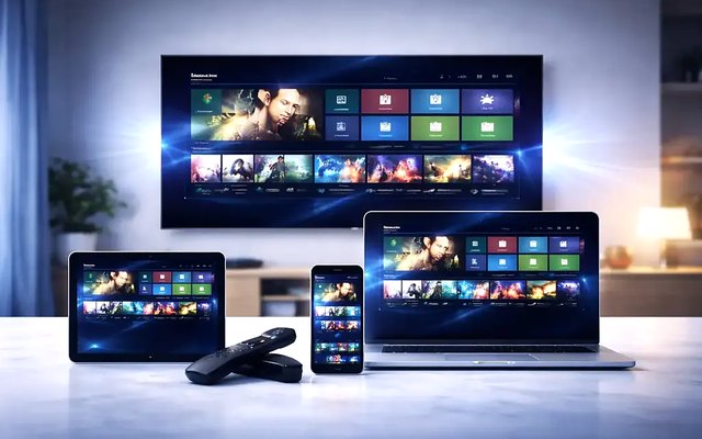Cover for “OTT streaming or IPTV: schedules, libraries and how the two differ”: a television, a laptop, a tablet and a phone showing the same channel guide, with two streaming sticks in front