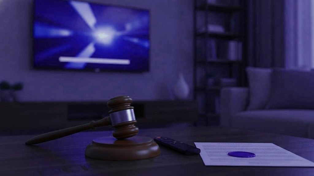 Cover for “Is IPTV legal? Seven common beliefs about IPTV and the law, checked”: a gavel, a remote and a printed document on a coffee table in front of a television