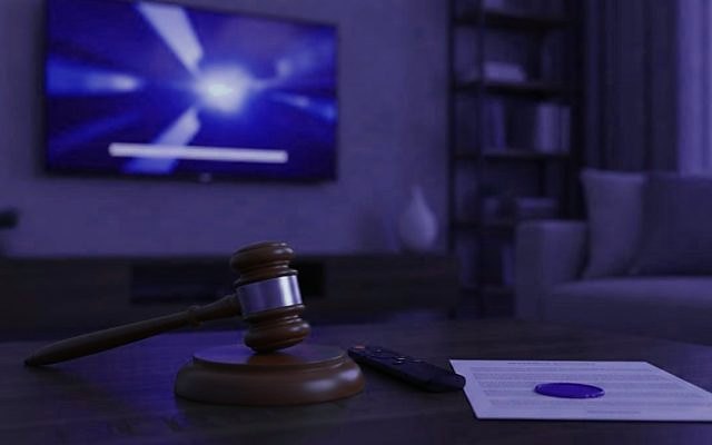 Cover for “Is IPTV legal? Seven common beliefs about IPTV and the law, checked”: a gavel, a remote and a printed document on a coffee table in front of a television
